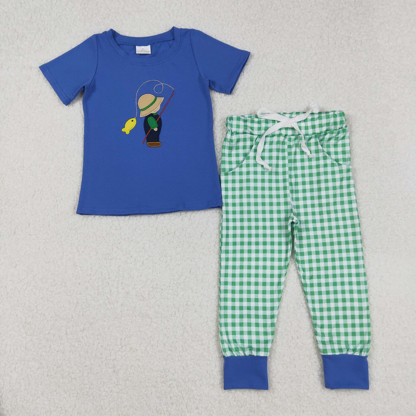 embroidery BSPO0506 hunting season cartoon baby fish blue short sleeve green checkered pants boys set