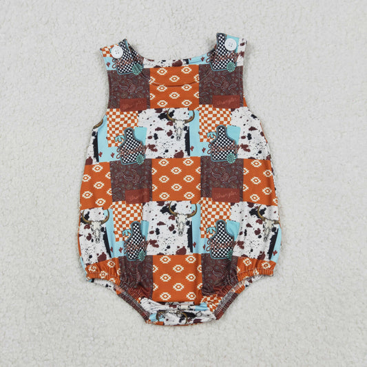 SR3773 Western Aztec Orange Sleeveless Boys Romper