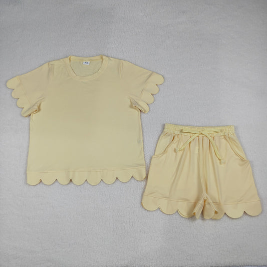 GSSO3203 Scallop Yellow Short Sleeve Shorts Adult Women Set