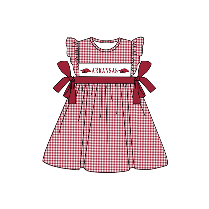 custom style football team red checkered flutter sleeve girls dress