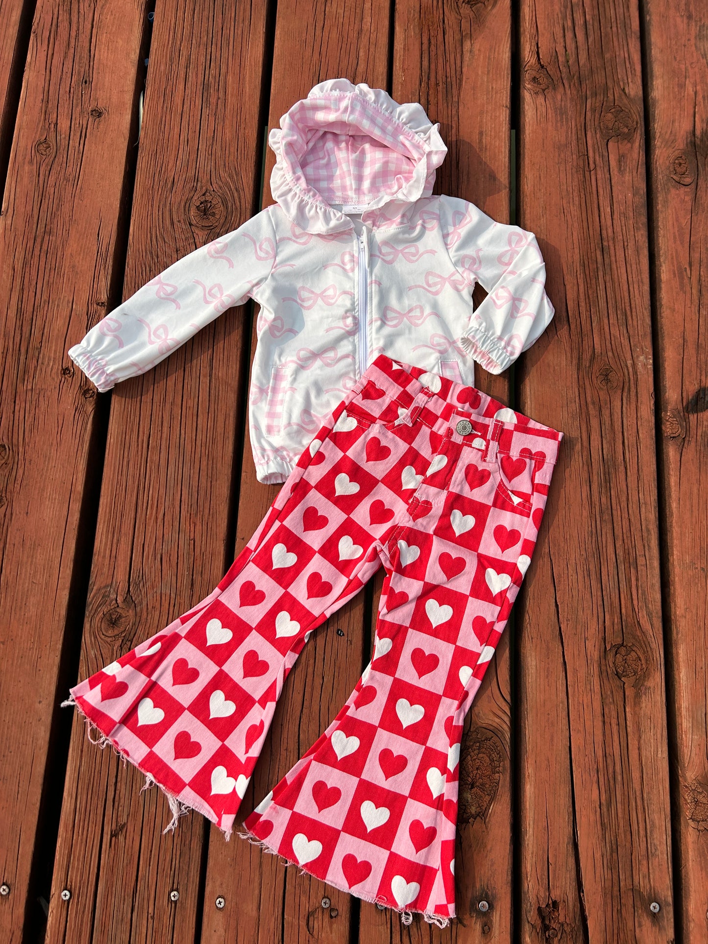 Valentine Cute Bows Pink Coat Red Heart Jeans Girls Set