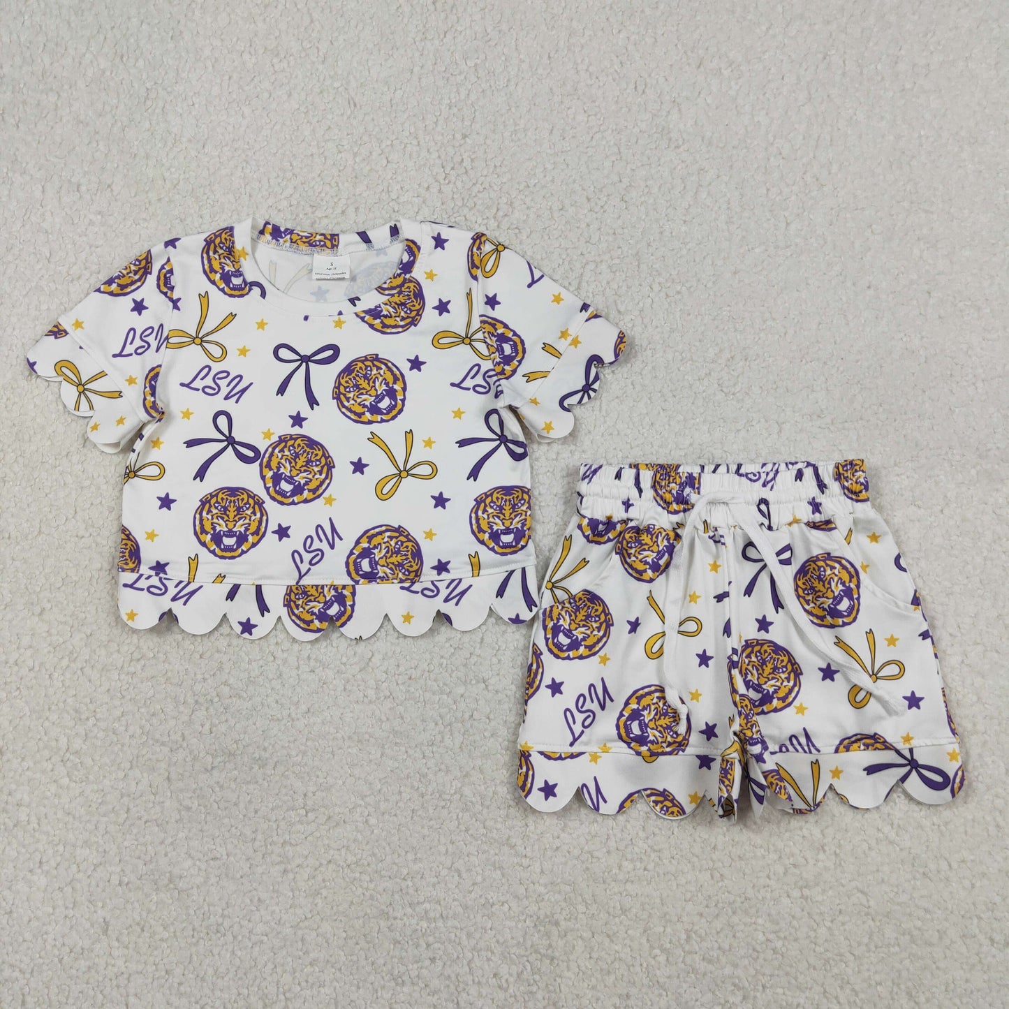 GSSO3256 Football Item Tigher Bows Short Sleeve Shorts Girls Set