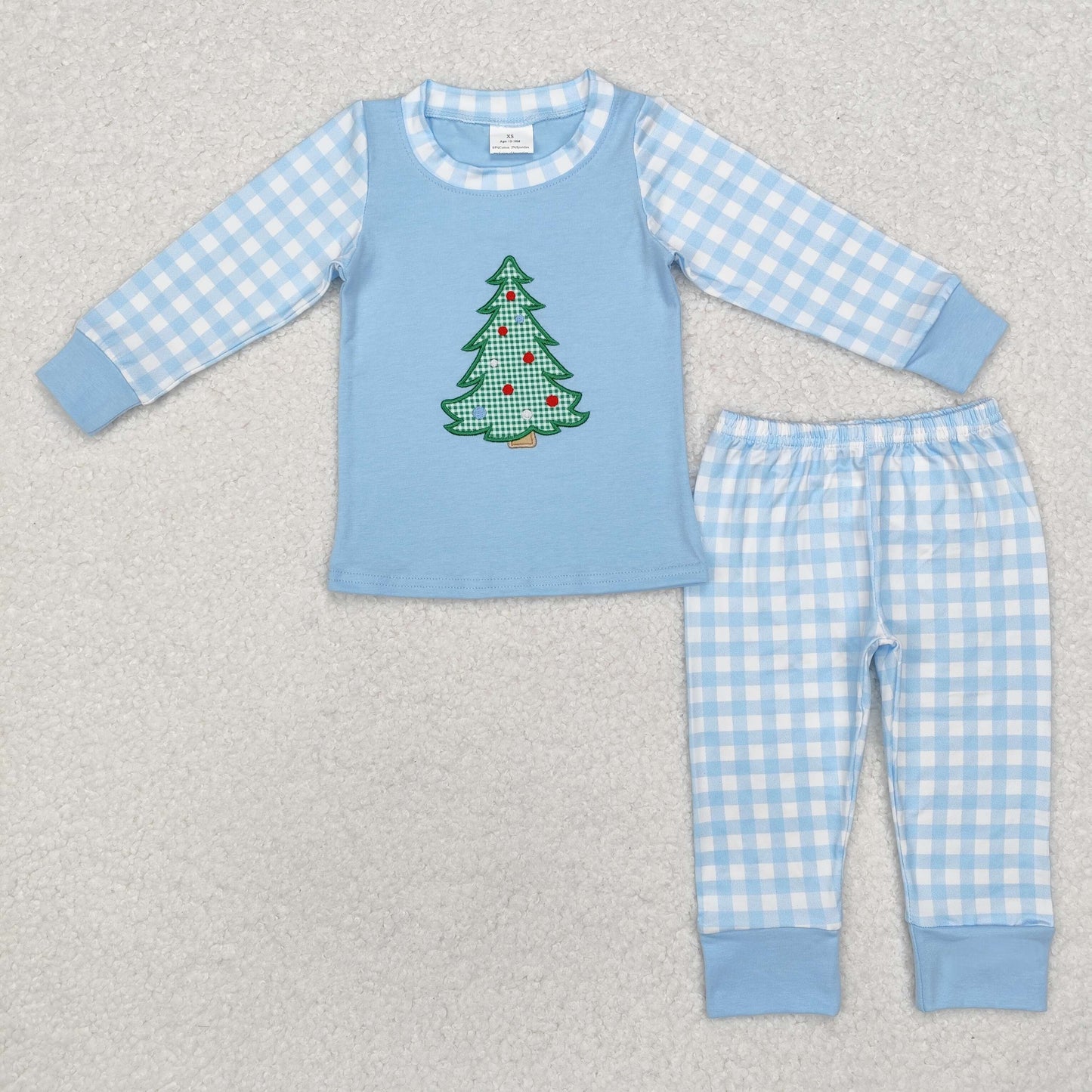 embroidery BLP0749 Christmas tree blue long sleeve blue checkered pants boys set