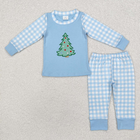 embroidery BLP0749 Christmas tree blue long sleeve blue checkered pants boys set