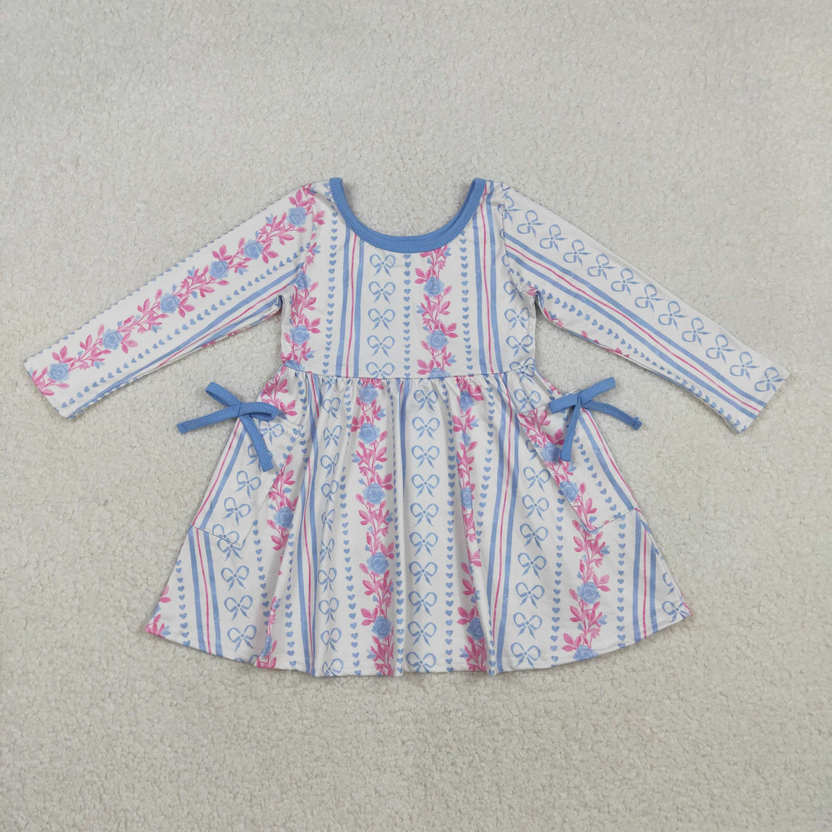 GLD1427 Flowers Blue bows Pockets Long Sleeve Girls Dress