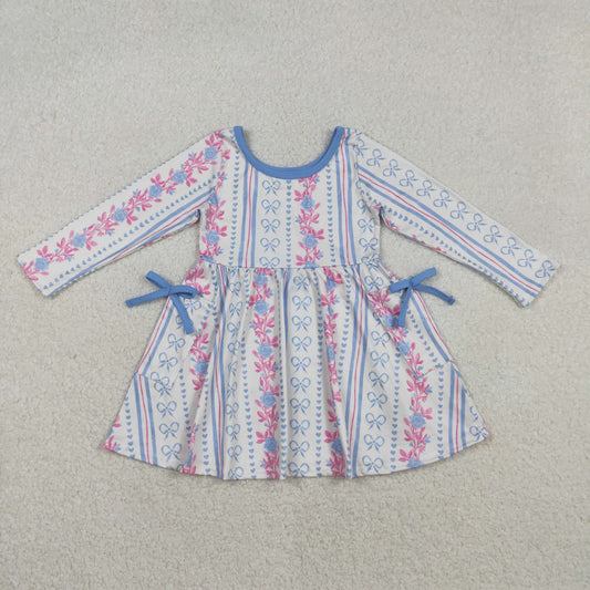GLD1427 Flowers Blue bows Pockets Long Sleeve Girls Dress