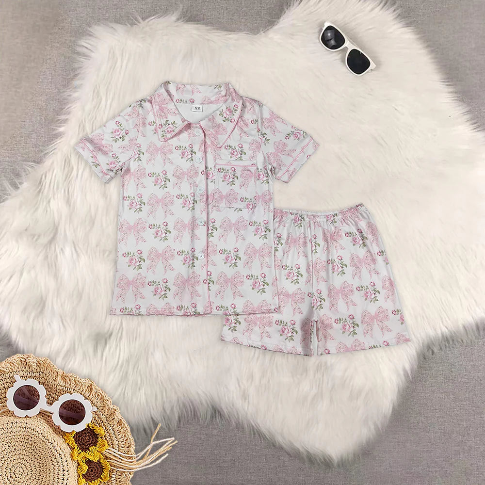 mama and me pink bows flowers pajamas RTS sibling clothes