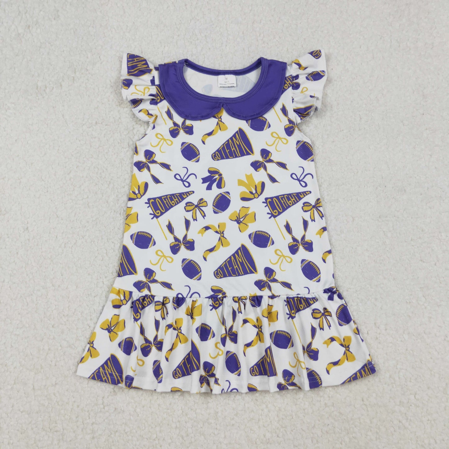 GSD2784 cheer purple golden bows flutter sleeve girls dress