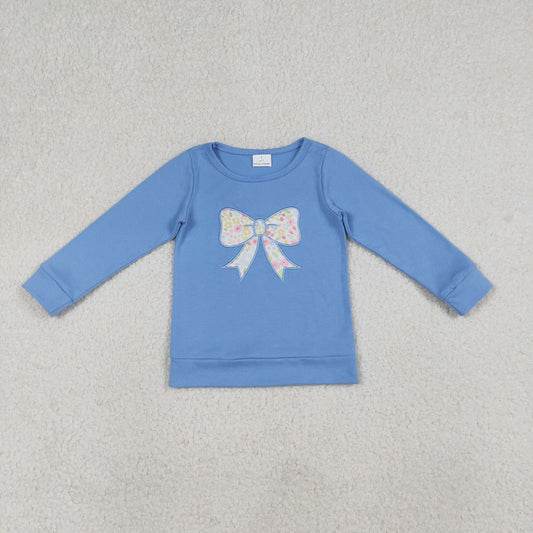 Embroidery GT1538 Bow Blue Long Sleeve Girls Top