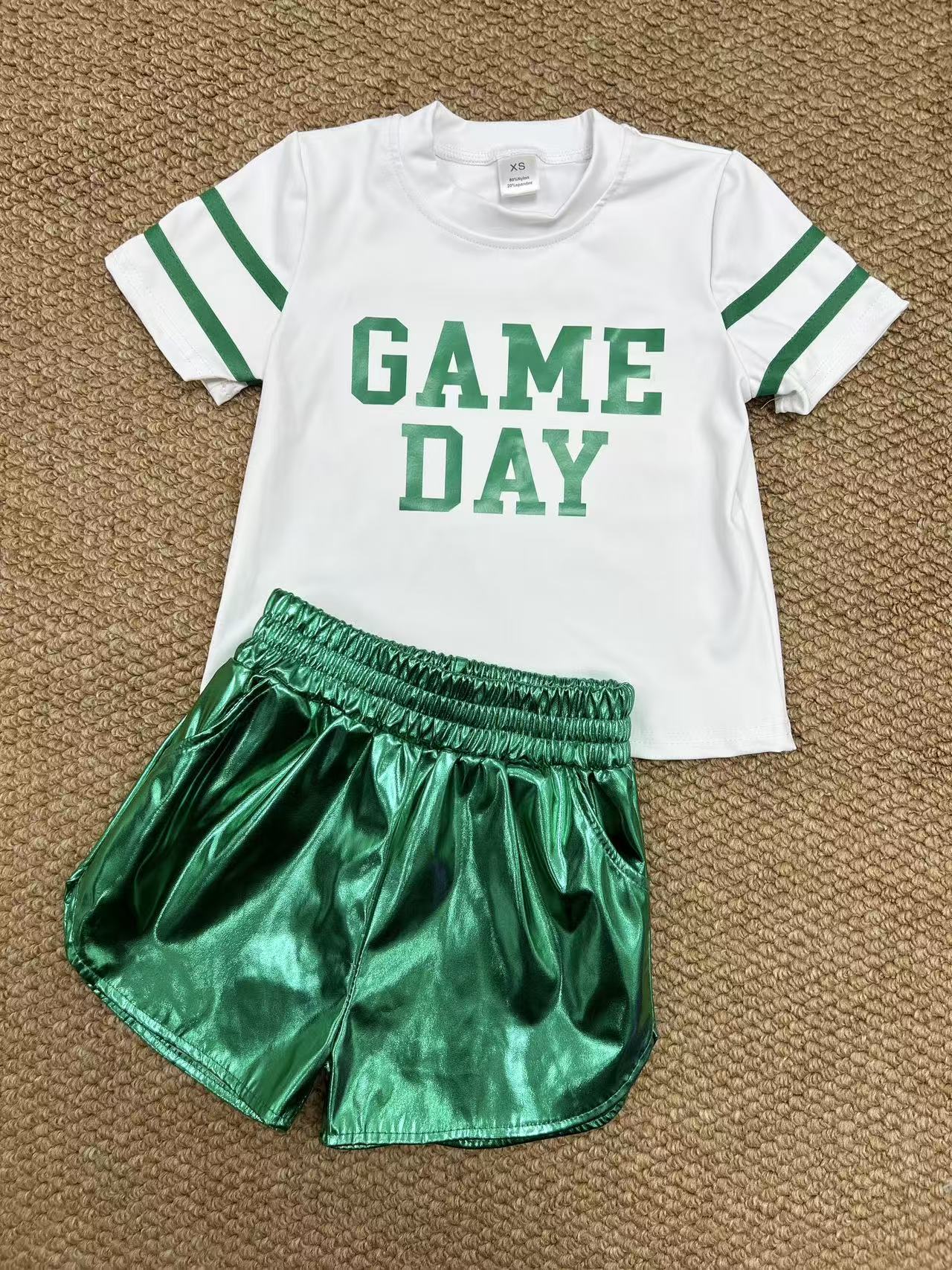 yoga screen print game day green short sleeve green leather shorts girls set