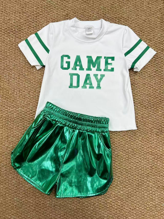 yoga screen print game day green short sleeve green leather shorts girls set