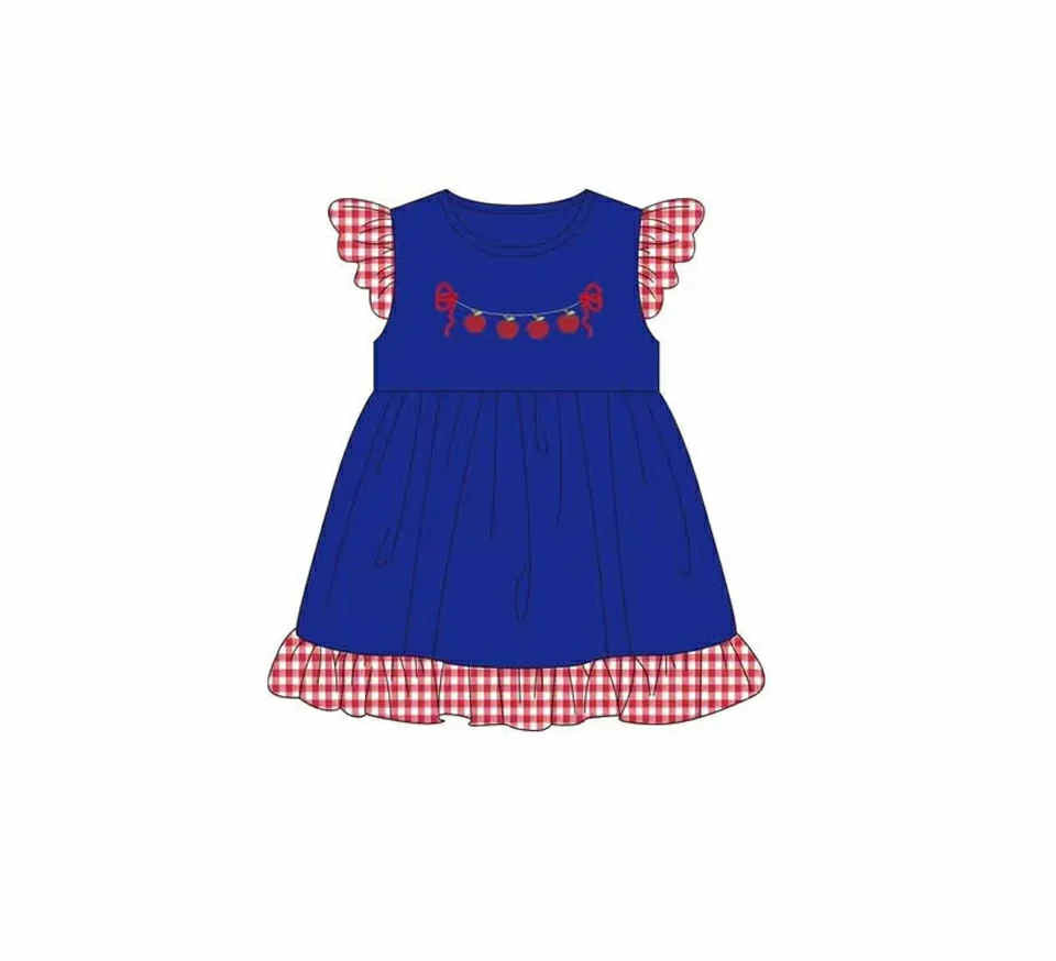 custom back to school apple navy blue flutter sleeve girls dress
