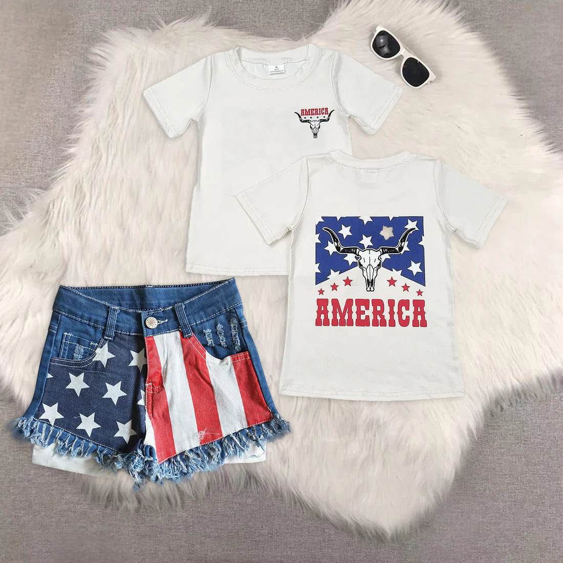 Western July 4th american cow short sleeve star striped denim shorts girls set GT0465+NC0003