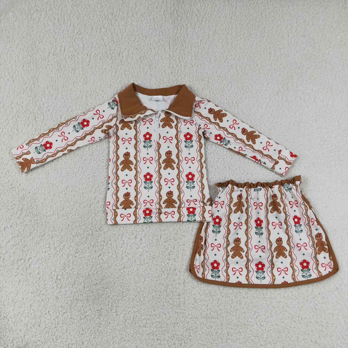 GLD1607 Christmas Gingerbread Man Zipper Long Sleeve Skorts Girls Set