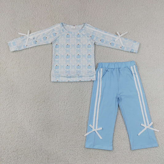 GLP3351 Blue Pumpkin Bows Long Sleeve Pants Girls Set