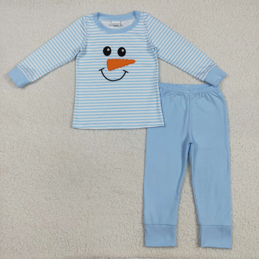 embroidery BLP1150 Christmas snowman blue striped long sleeve blue pants boys pajamas