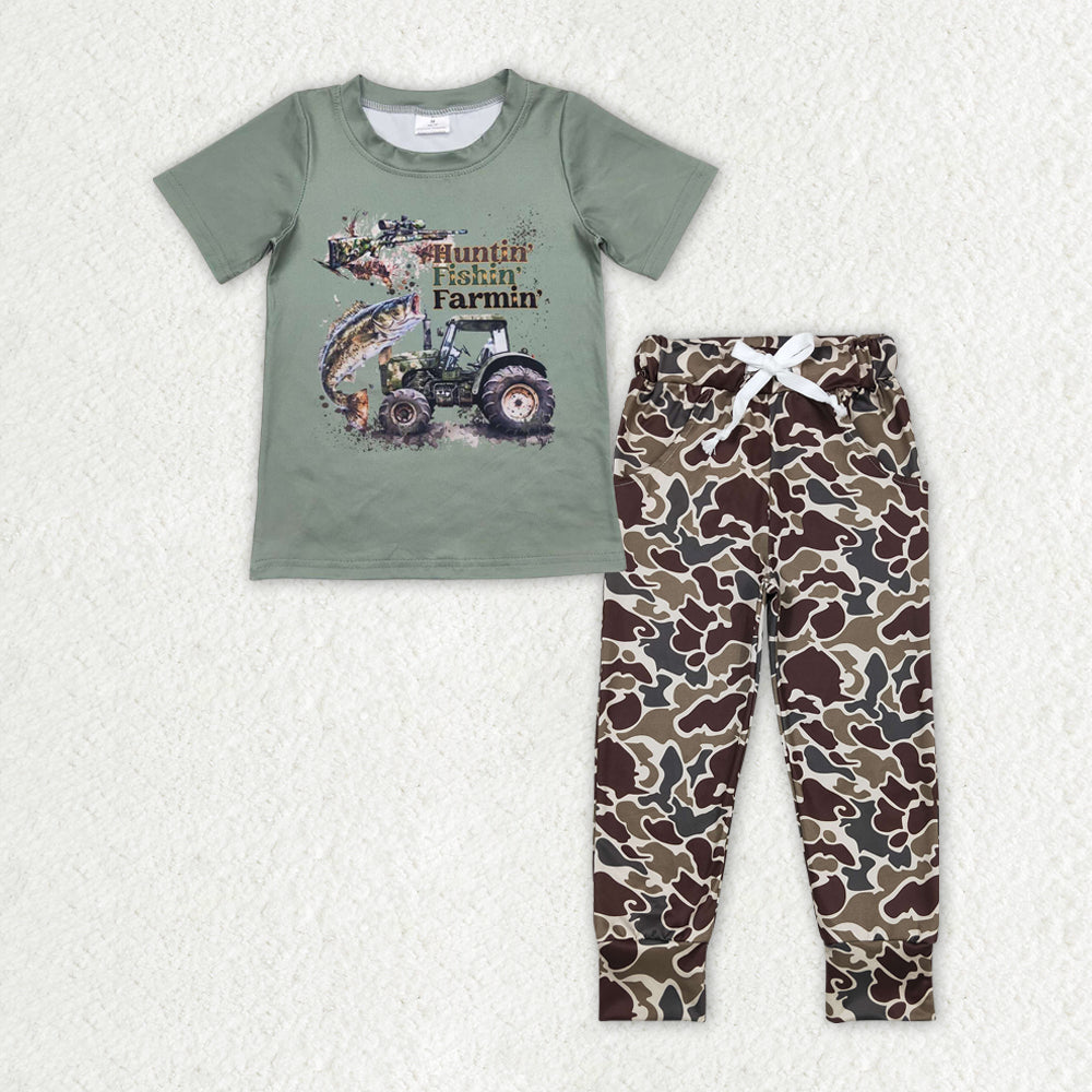 BSPO0380 hunting fishing tractor green short sleeve camo pants boys set