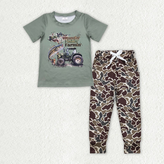 BSPO0380 hunting fishing tractor green short sleeve camo pants boys set