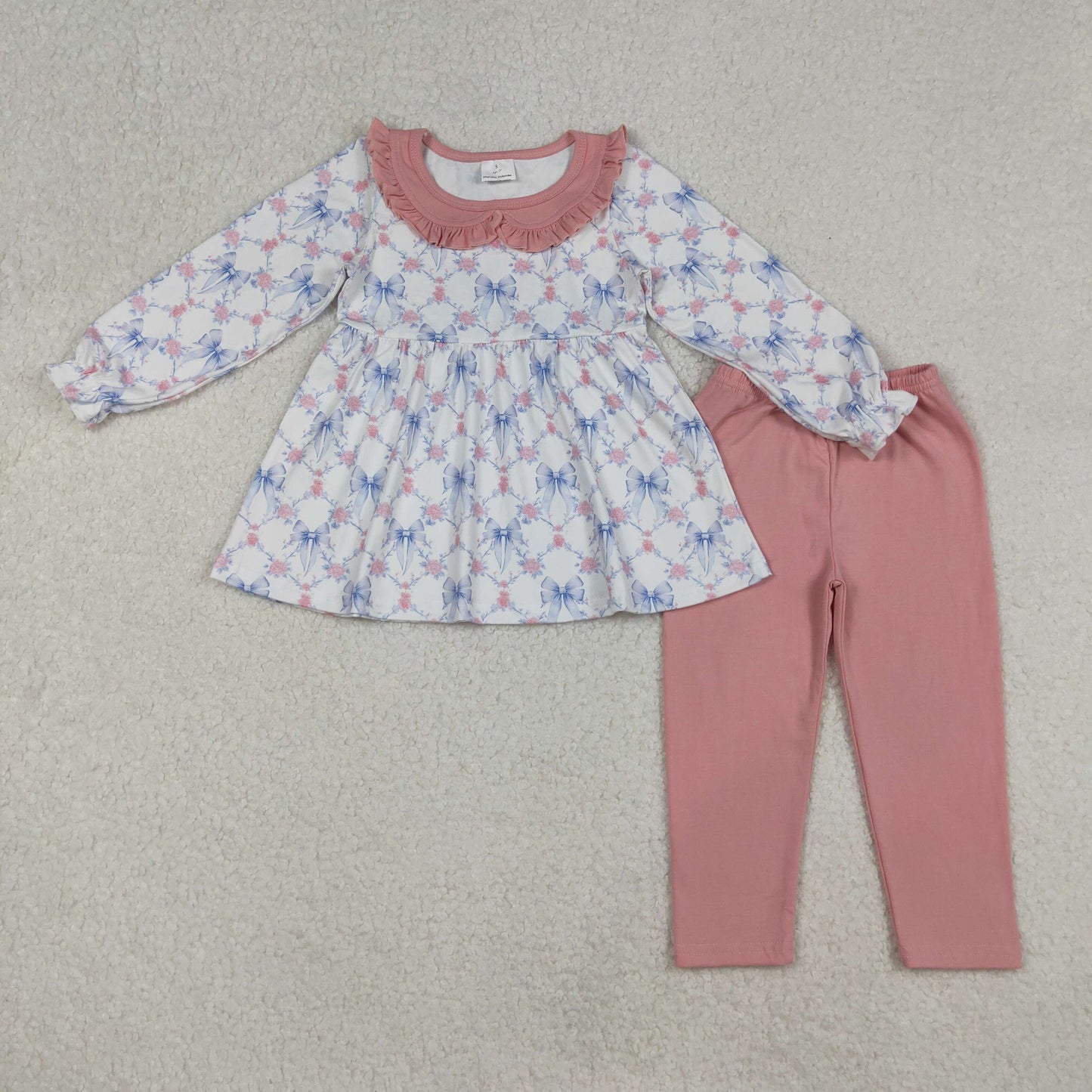 GLP2774 blue bows pink flowers long sleeve pink pants girls set