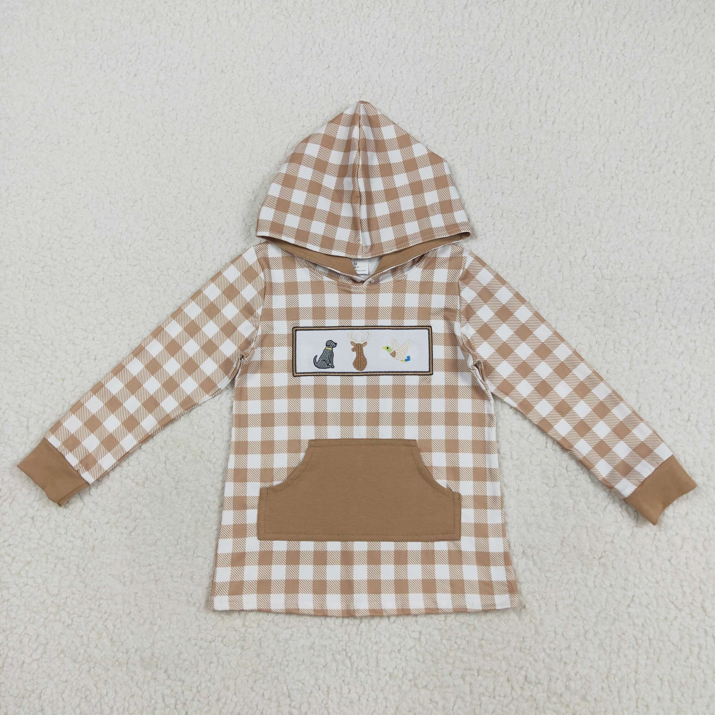 embroidery BT1285 hunting mallard dog deer khaki dot checkered hoodie pocket long sleeve boys top