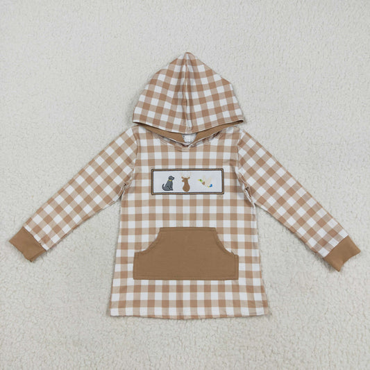 embroidery BT1285 hunting mallard dog deer khaki dot checkered hoodie pocket long sleeve boys top