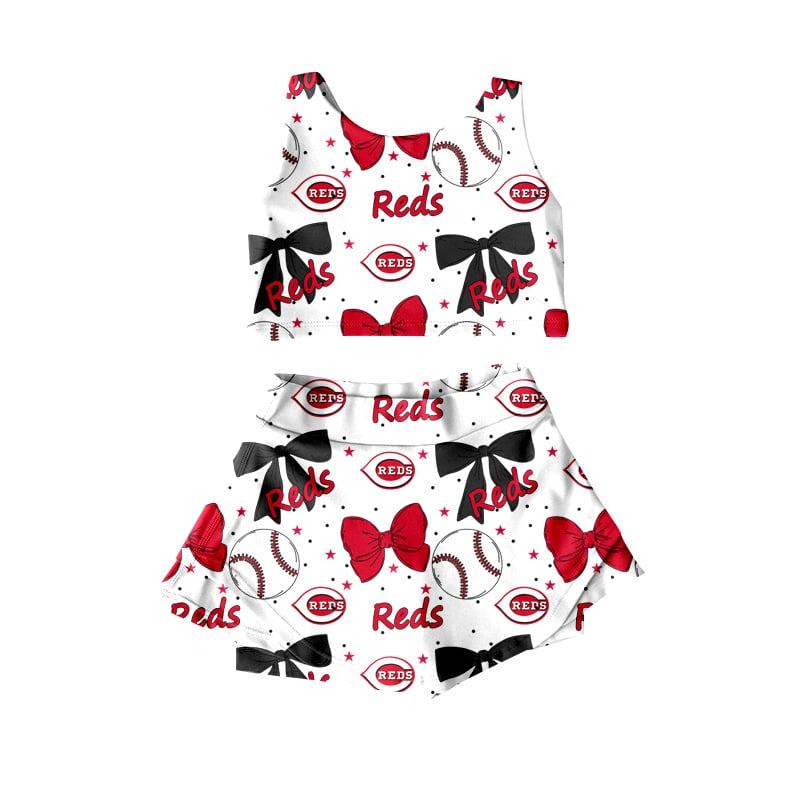 custom moq 3 reds bows baseball red sleeveless skirt skorts girls set