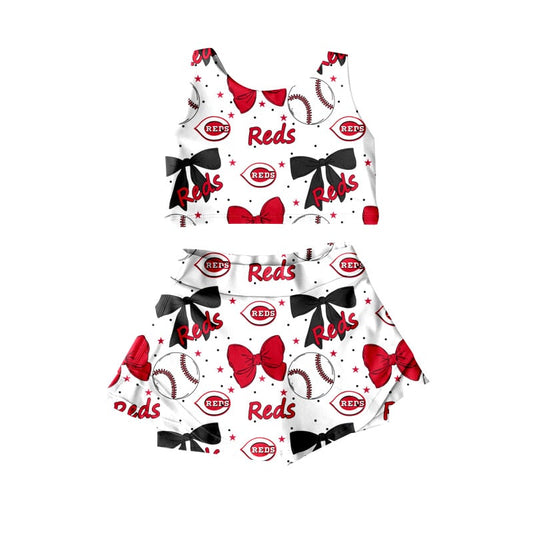 custom moq 3 reds bows baseball red sleeveless skirt skorts girls set