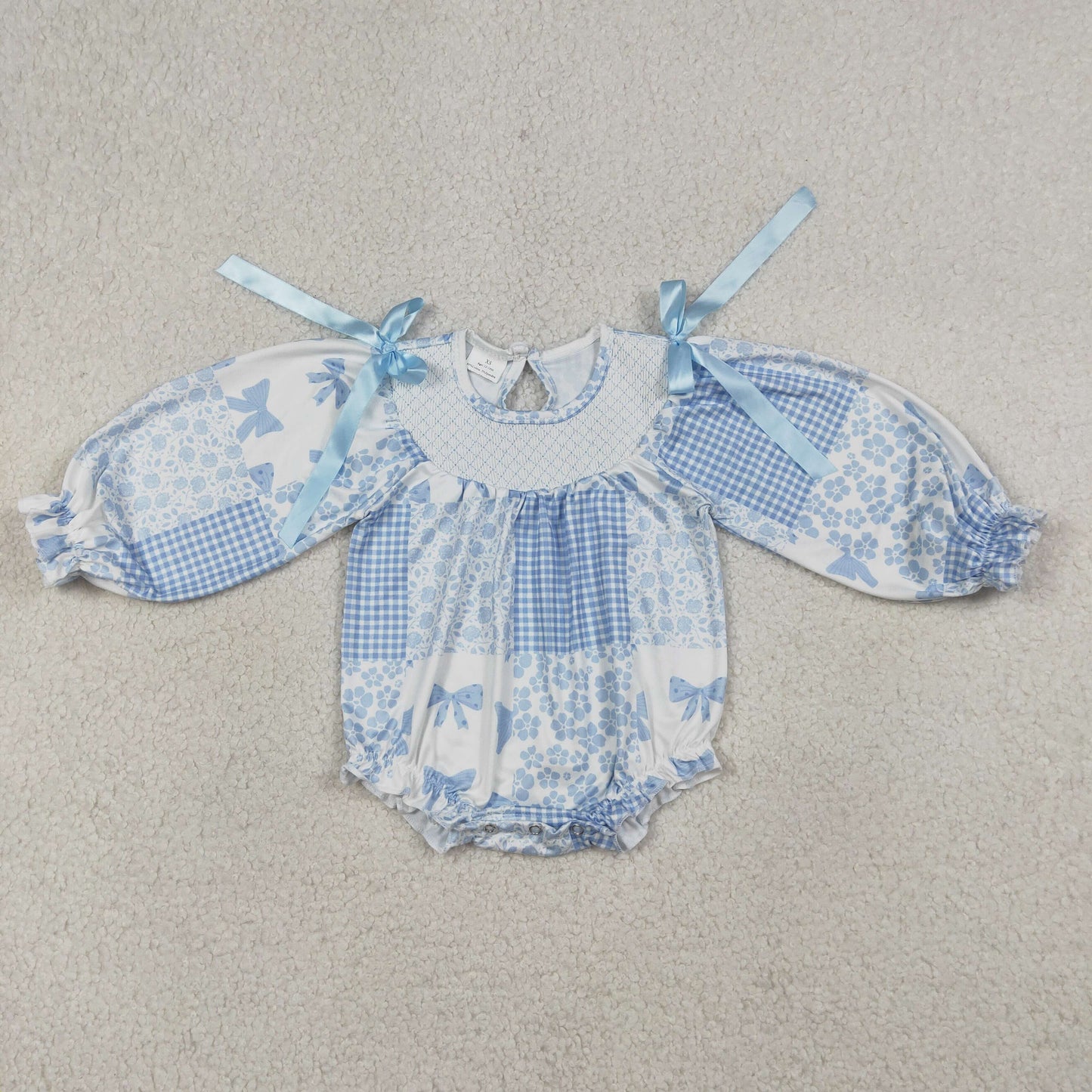 Embroidery LR2931 Blue Flowers Bows Long Sleeve Girls Romper