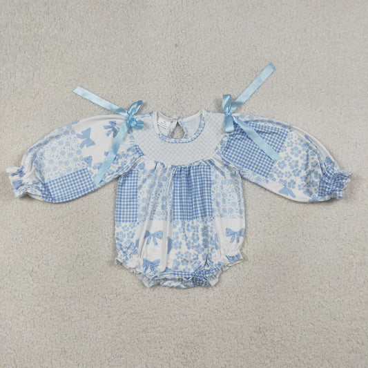Embroidery LR2931 Blue Flowers Bows Long Sleeve Girls Romper
