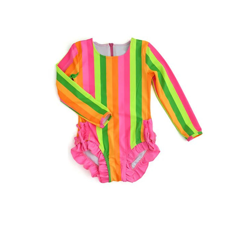 custom style rainbow striped girls long sleeve bathing swimsuits