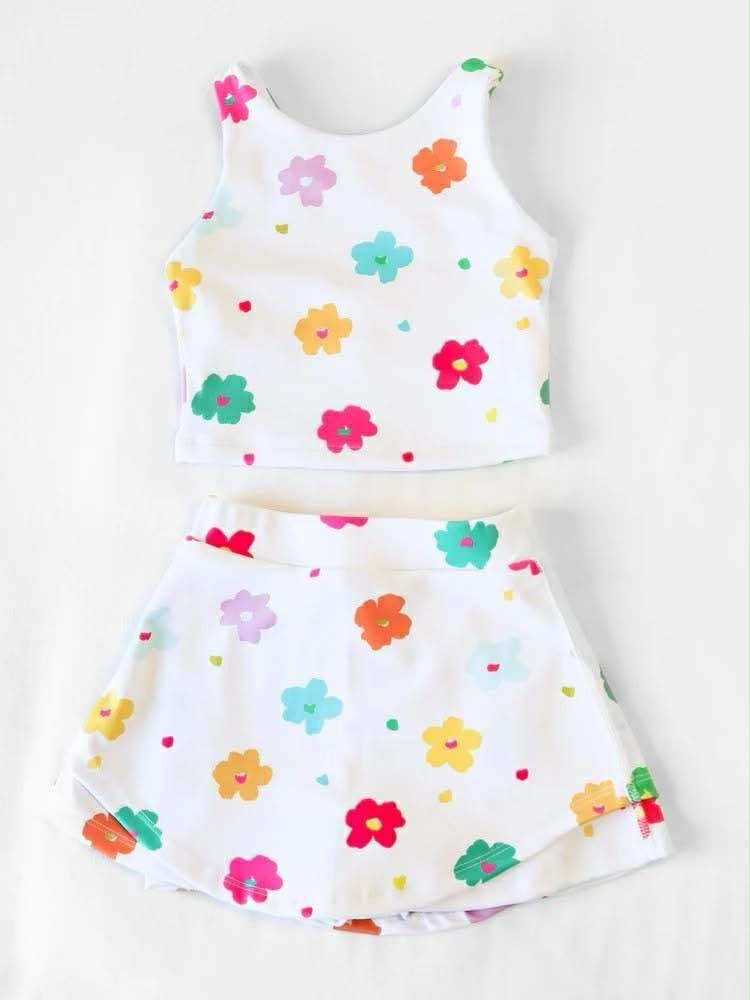 custom moq 5 colorful flowers sleeveless skirt girls set