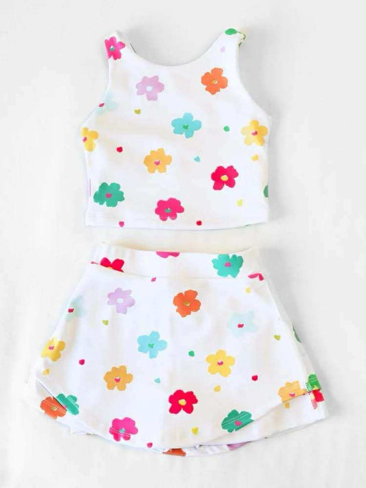 custom moq 5 colorful flowers sleeveless skirt girls set