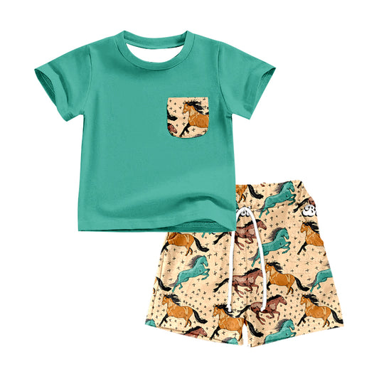 Preorder BSSO0539 Colorful Horse Green Pocket Short Sleeve Khaki Shorts Boys Set