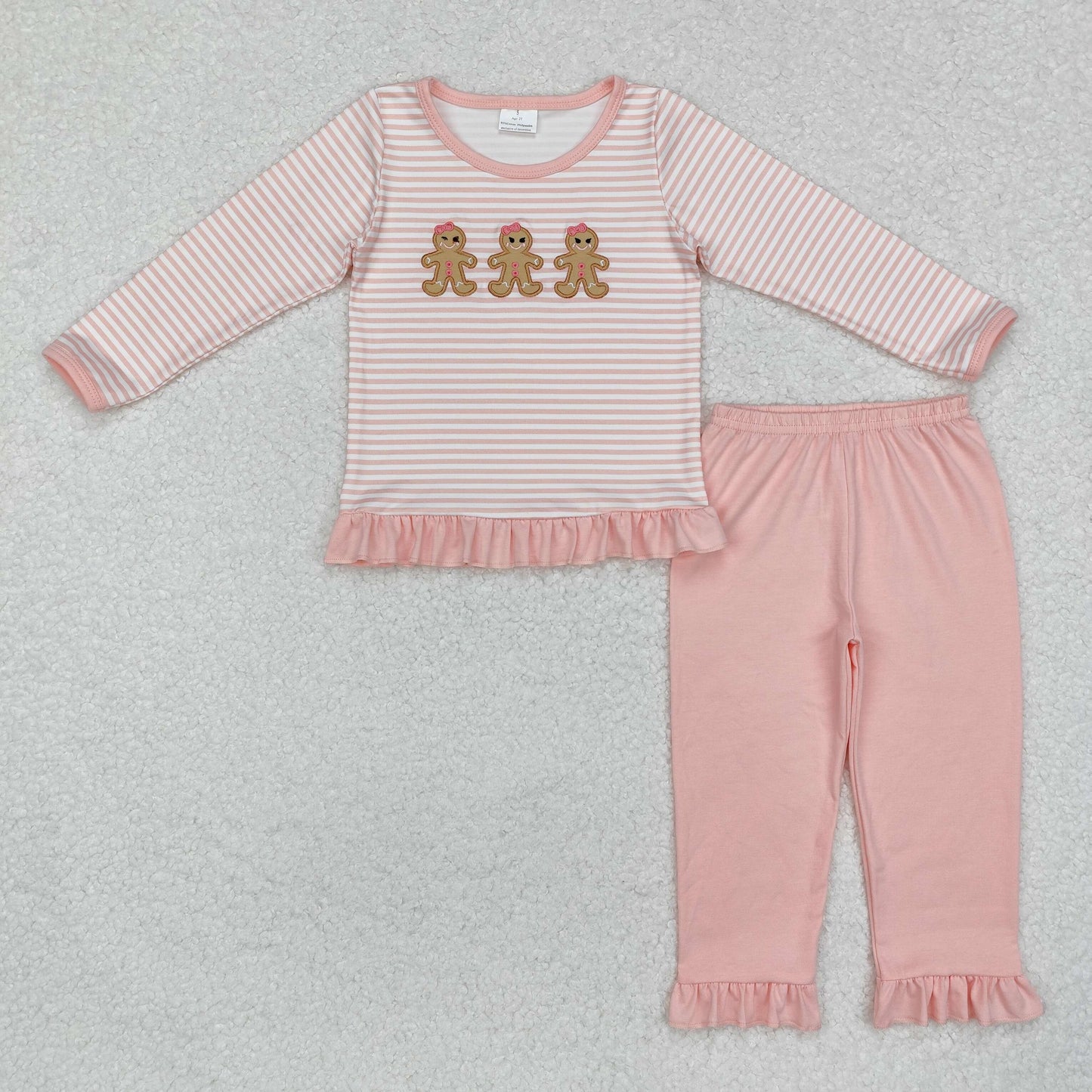 embroidery GLP1965 Christmas cute gingerbread man pink striped long sleeve pink pants girls set