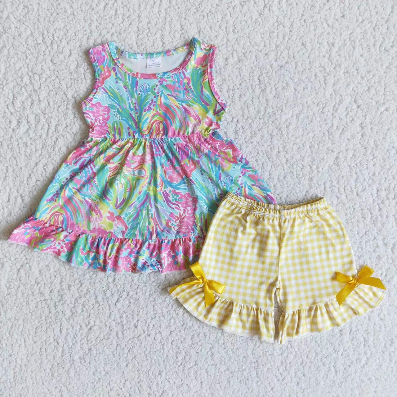 E8-19 Tie Dye Sleeveless Summer Girls Yellow Plaid Print Short Set