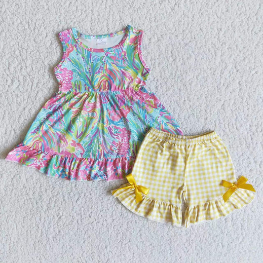 E8-19 Tie Dye Sleeveless Summer Girls Yellow Plaid Print Short Set