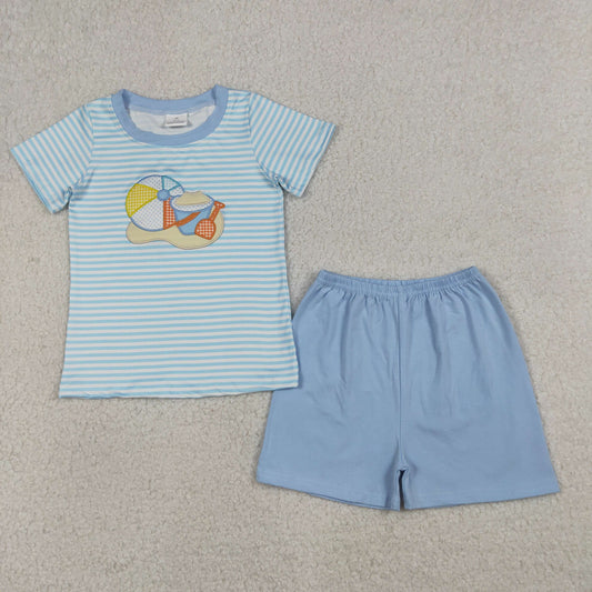 Embroidery BSSO1834 Beach Volleyball Blue Striped Short Sleeve Blue Shorts Boys Set
