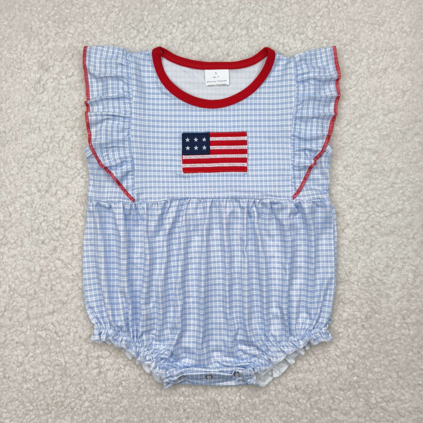 SR2817 embroidery July 4th flag blue checkered flutter sleeve girls romper