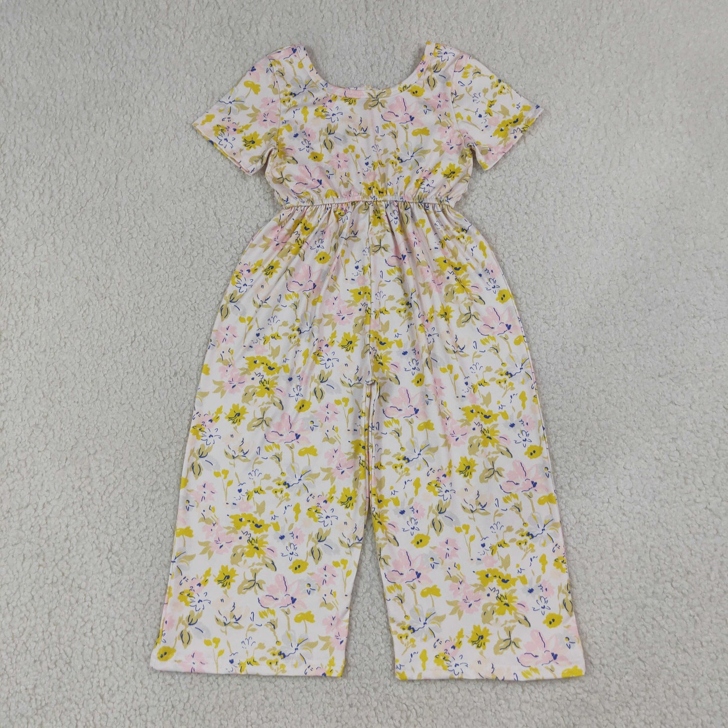 SR4196 Pink Yellow Flowers Short Sleeve Girls Jumpsuits