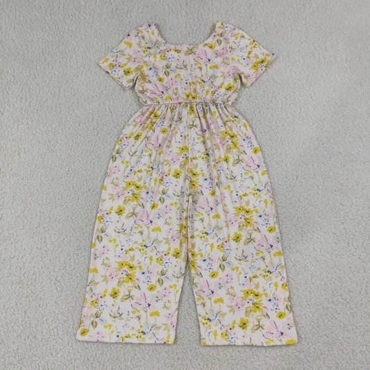 SR4196 Pink Yellow Flowers Short Sleeve Girls Jumpsuits