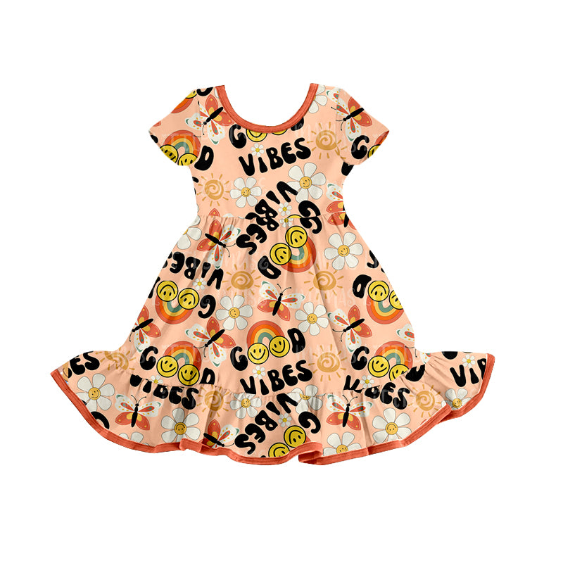 preorder GSD0772 Rainbow Smile Vibes Flowers Orange Short Sleeve Girls Dress