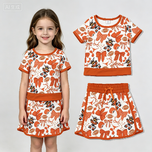 GSD3697 Yoga Football Item Bows Brown Sleeveless Skorts Girls Set