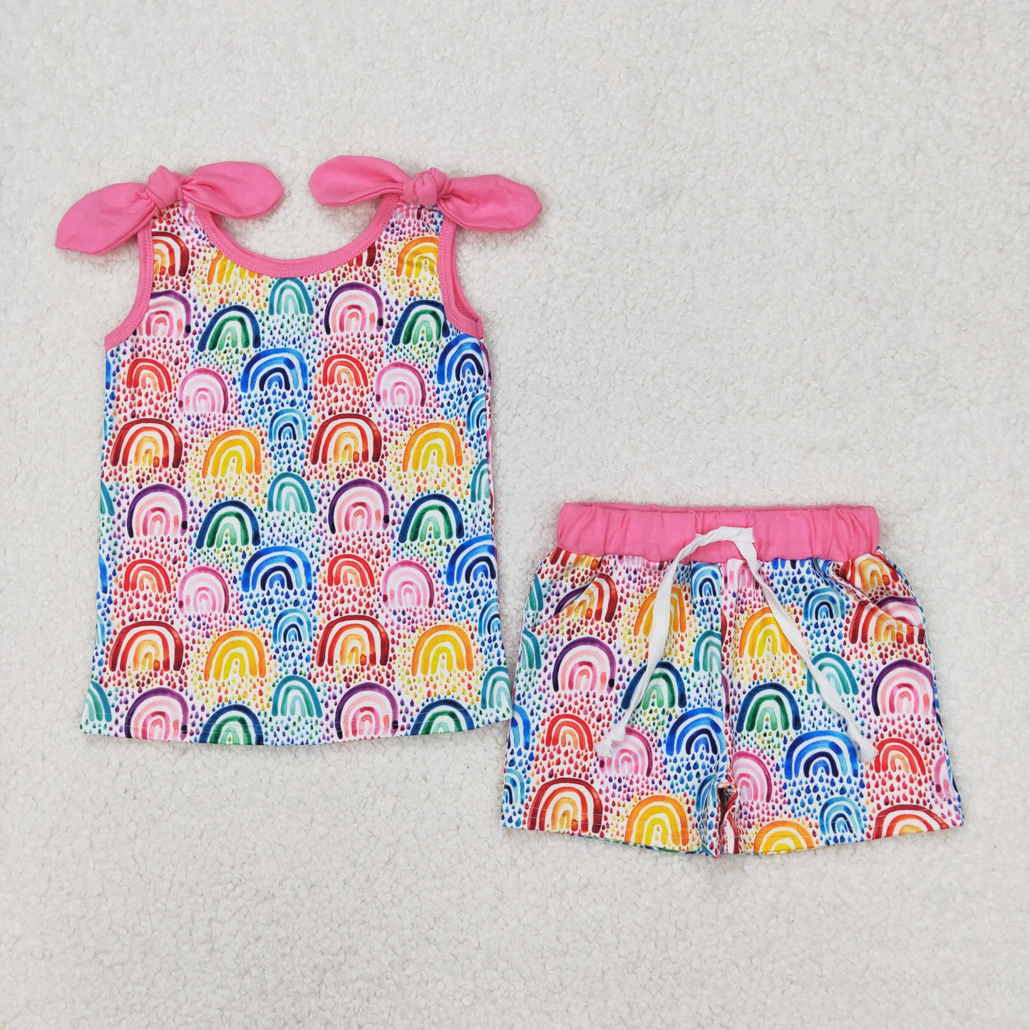 GSSO2085 colorful rainbow dot hot pink vest t-shirt shorts girls set