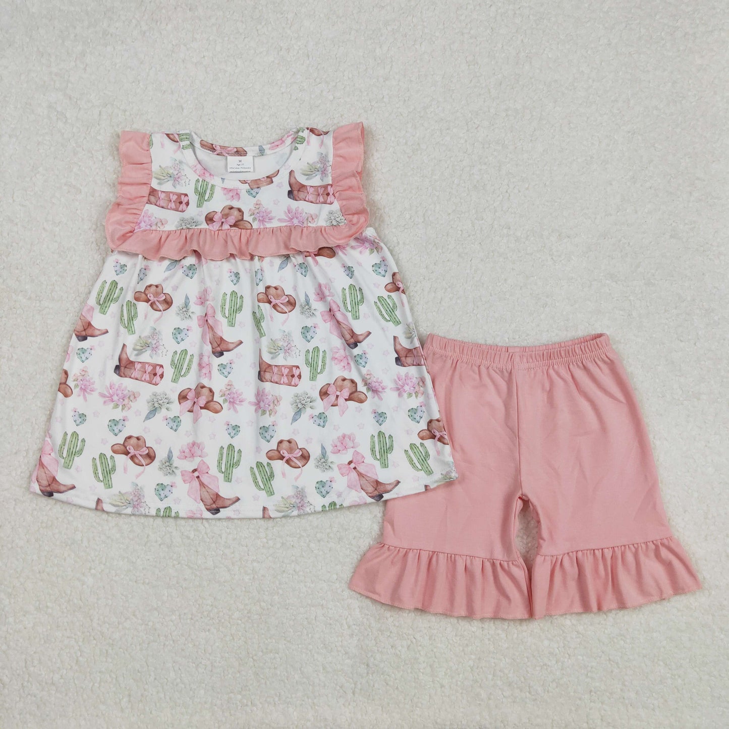 GSSO2066 Western boot cactus pink flowers bows ruffles sleeve shorts girls set