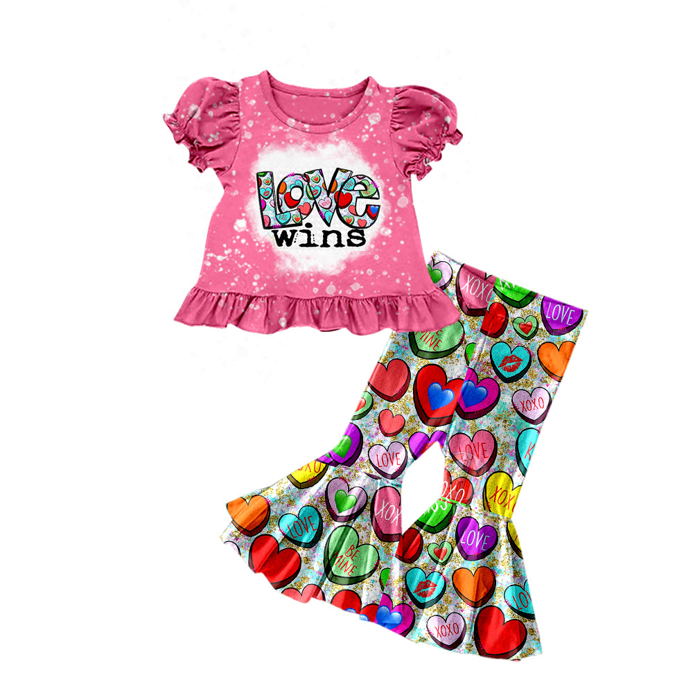 preorder GSPO1153 Valentine's Day Love Wins Pink Short Sleeve Colorful Heart Pants Girls Set