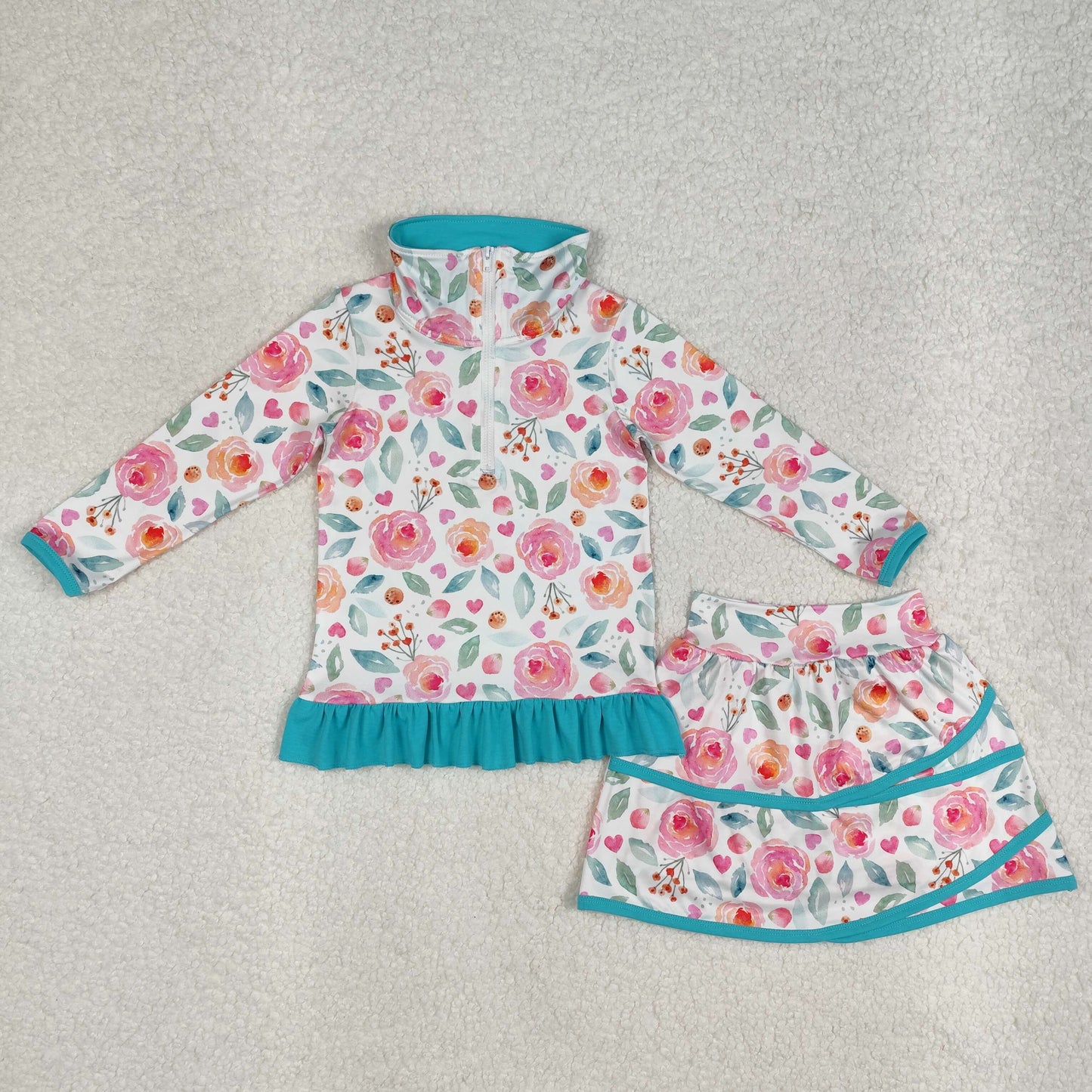 flowers zipper long slevee skirt with shorts set RTS sibling clothes