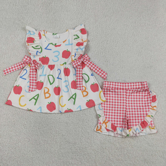 GSSO3258 Back To School Apple Pocket Flutter Sleeve Red Checkered Shorts Girls Set