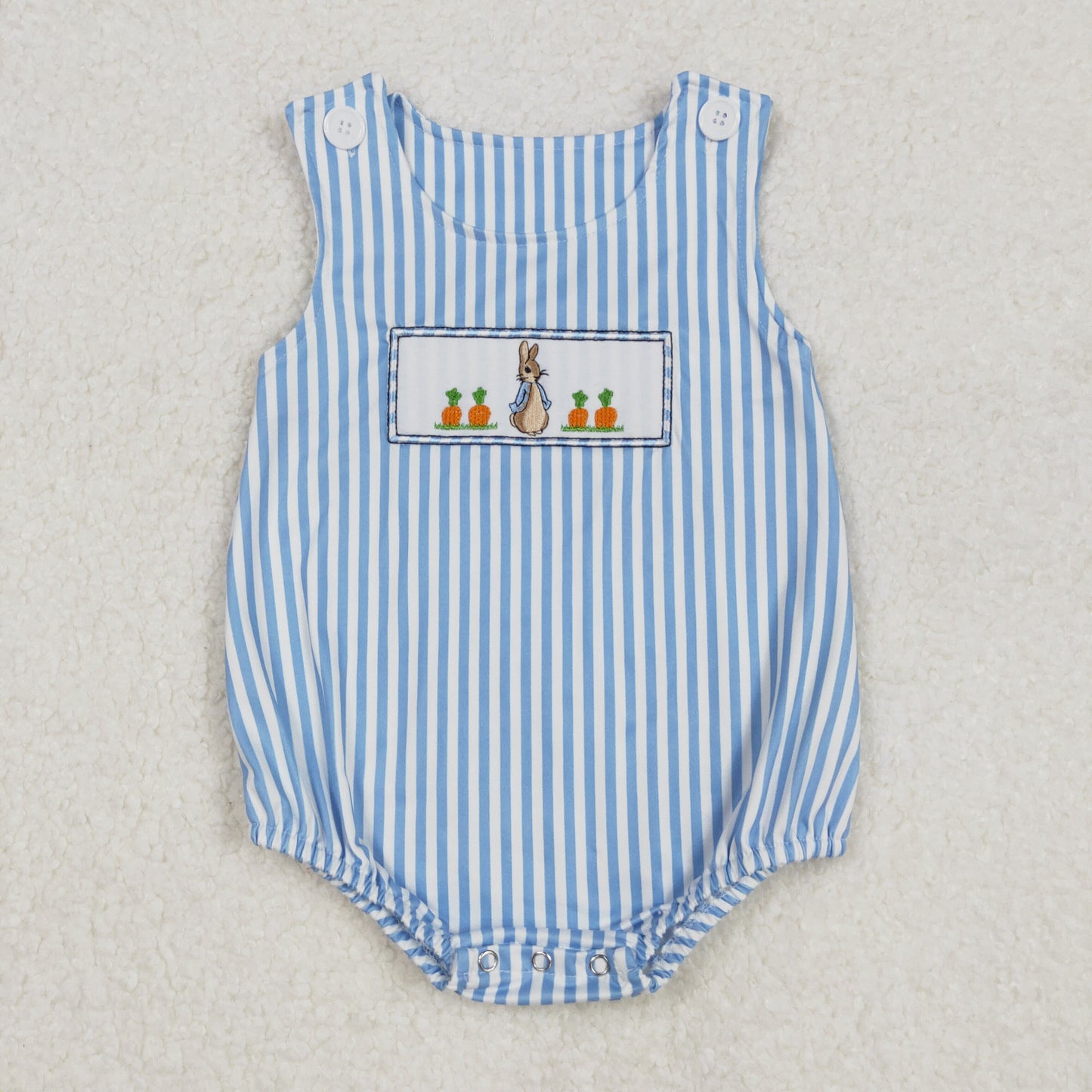 embroidery SR2145 Easter bunny rabbit carrot blue striped sleeveless boys romper