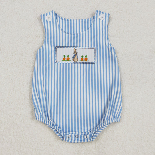 embroidery SR2145 Easter bunny rabbit carrot blue striped sleeveless boys romper