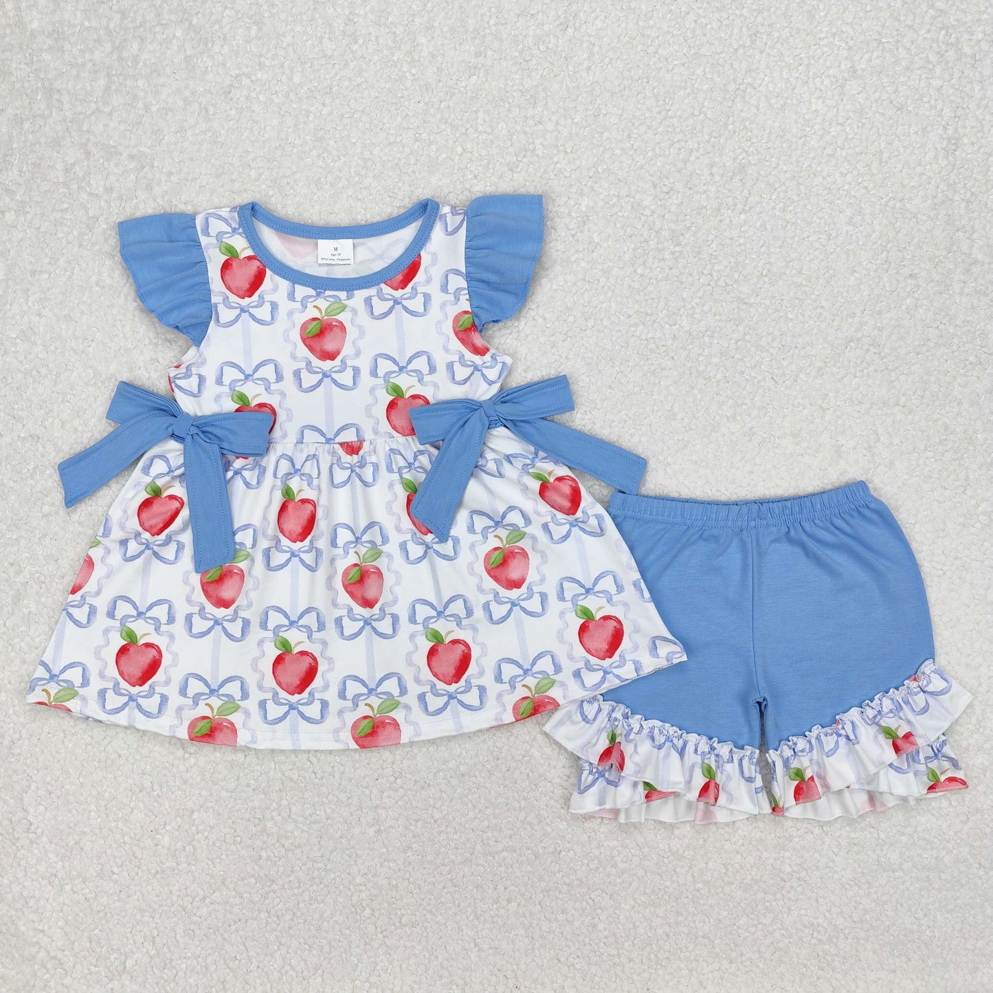 GSSO2114 cute peach blue bows flutter sleeve blue shorts girls set